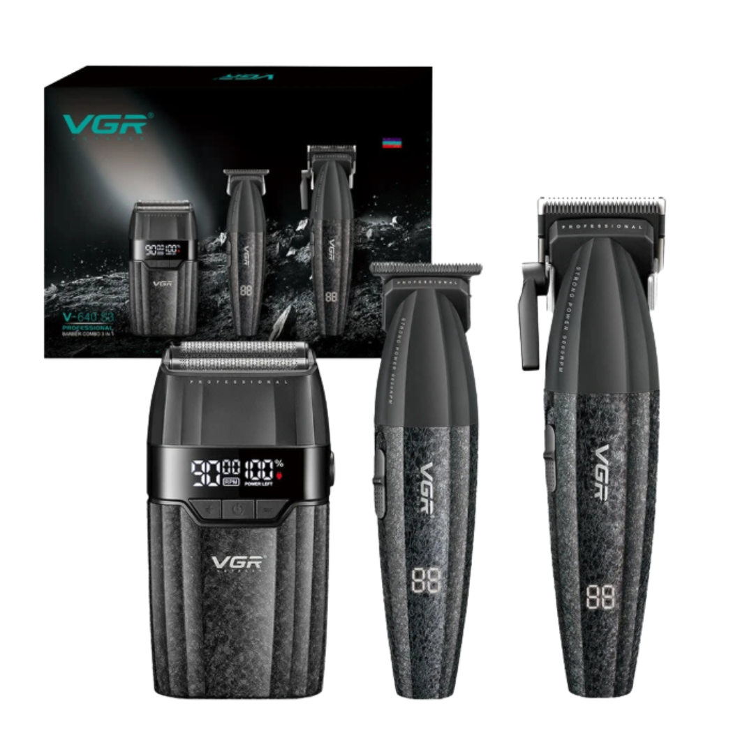Vgr - V-640 Barber Combo - Zestaw Fryzjerski Maszynka + Trymer + Golarka Foliowa z Ostrzami Ceramicznymi i DLC 3w1