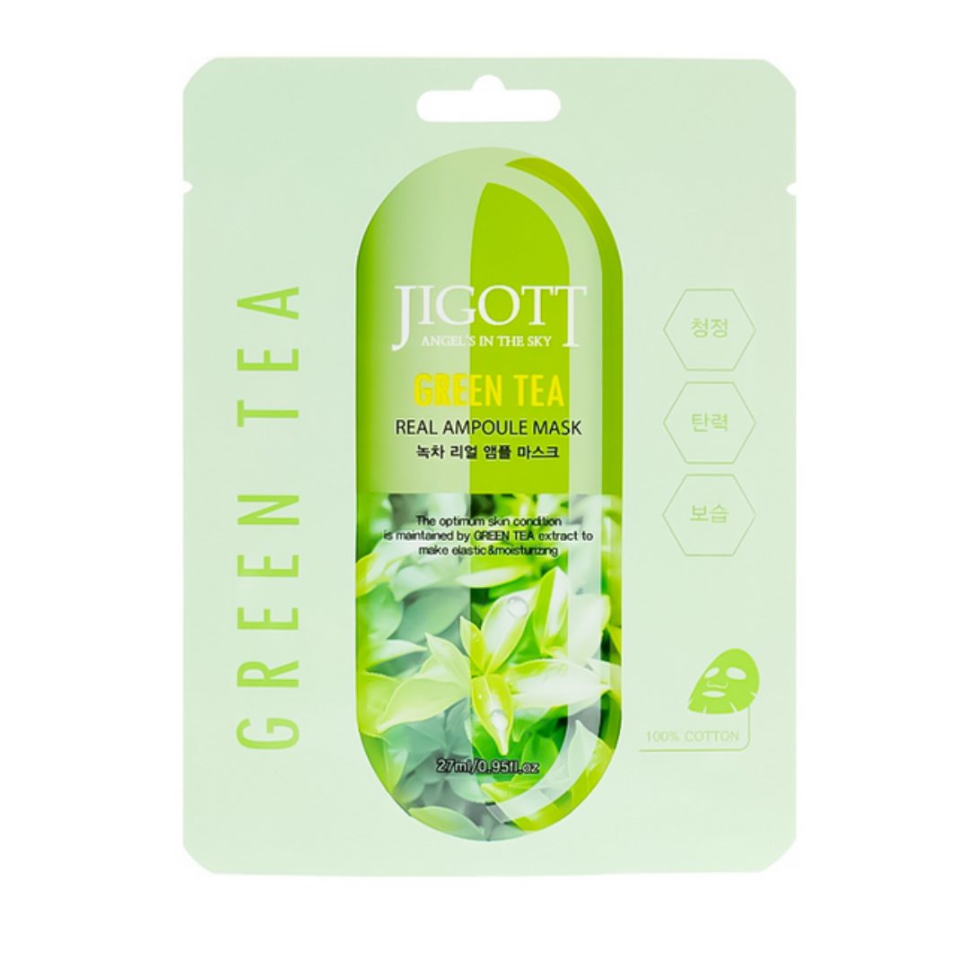 Jigott - Real Ampoule - Antyoksydacyjna Maska w Płachcie z Ekstraktem z Zielonej Herbaty i Kwasem Hialuronowym - 27ml