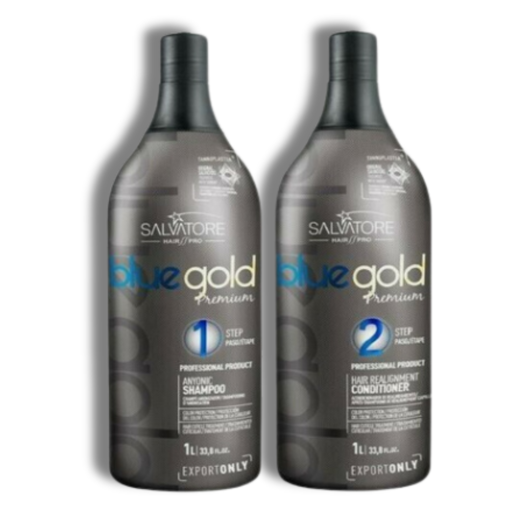 Salvatore - Blue Gold Premium - Zestaw Prostujący do Włosów Kręconych Szampon + Krem z Taniną i Ekstraktami Roślinnymi 2x1000ml